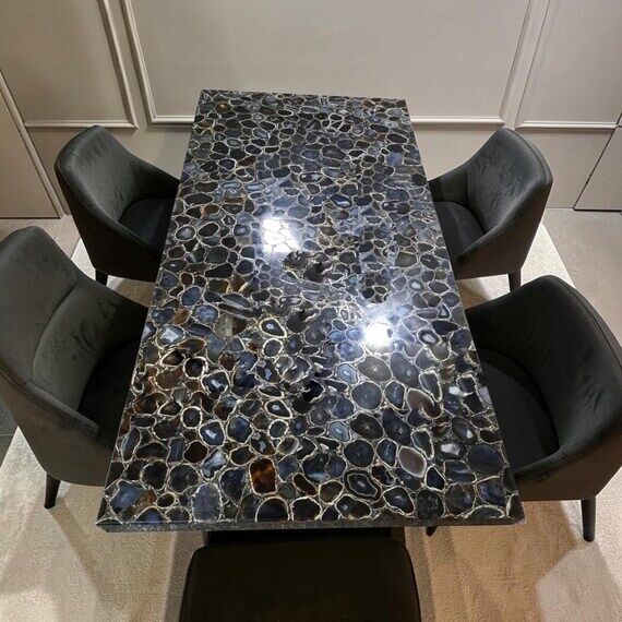 Black Agate Dining Table with Natural Black A...