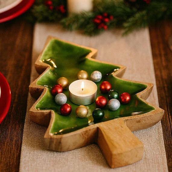 Christmas Tree Wooden Bowl with Green Enamel ...