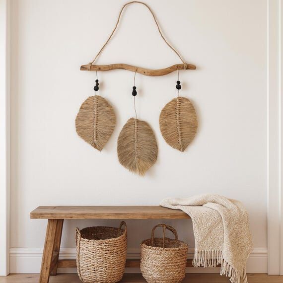 Raffia Leaf Wall Hanging on Driftwood Three F...