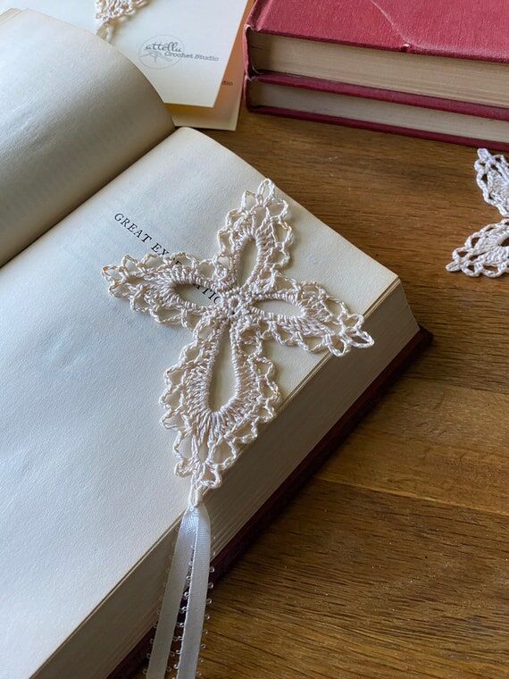Crochet Cross Bookmark, Delicate Lace Style, ...