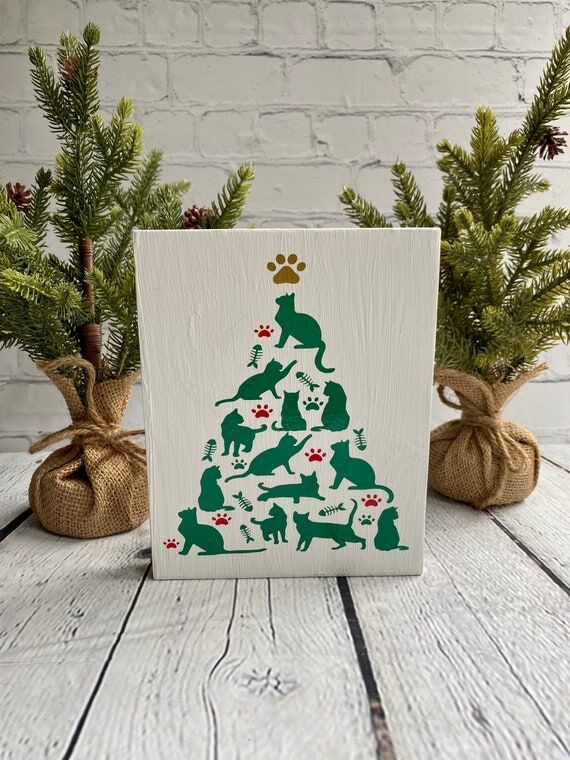 Christmas Cat Tree Wood Sign: Tiered Tray Dec...