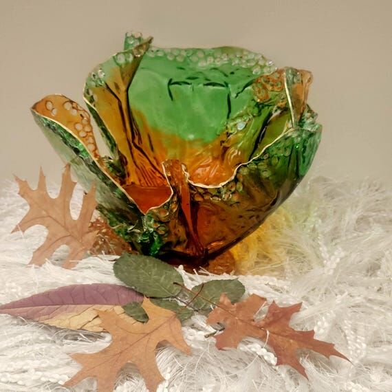 Emerald Green & Amber Resin Art Bowl, Handmad...