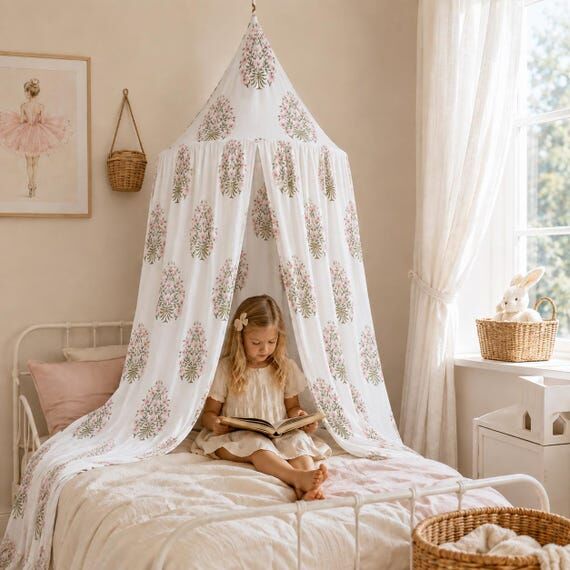 Floral Kids Bed Canopy, Pink Flower Cotton Nu...