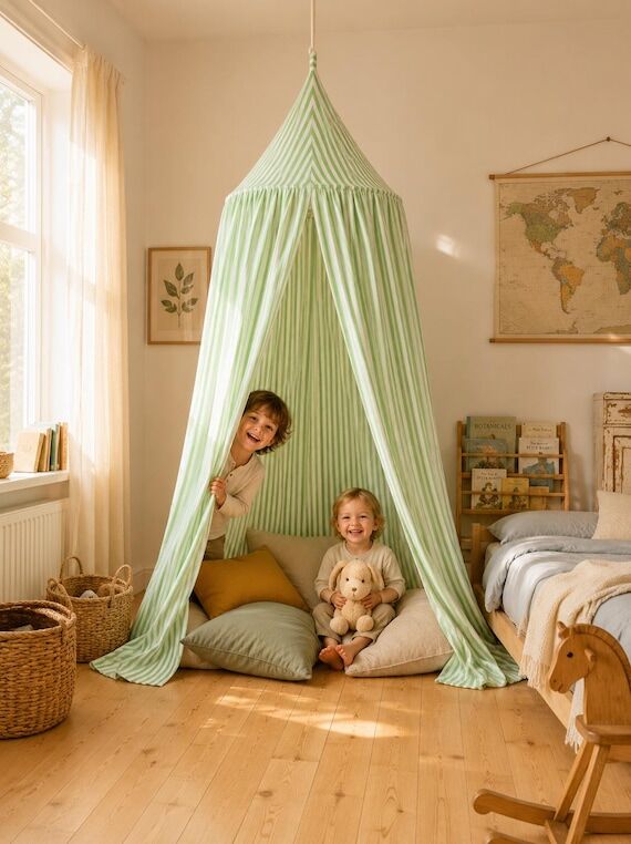 Green Striped Kids Bed Canopy, Light Green Co...
