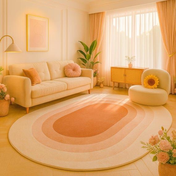 Peach and Cream Oval Retro Rug – Mid-Centur...