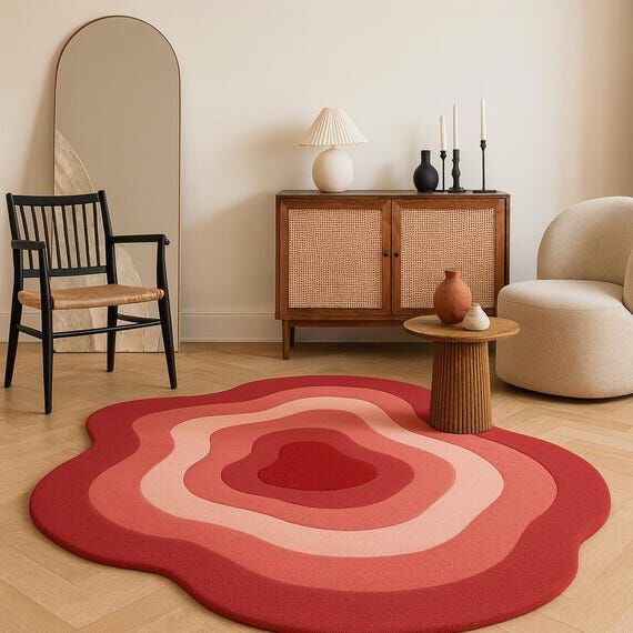 Retro Flower Shape Rug – Red & Pink Layered...