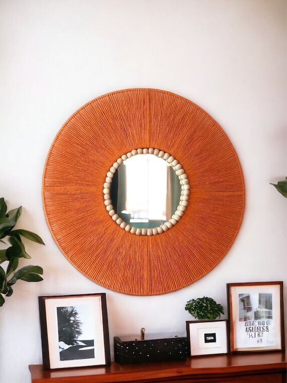 Orange Retro Mirror, Mid Century Modern, Jute...