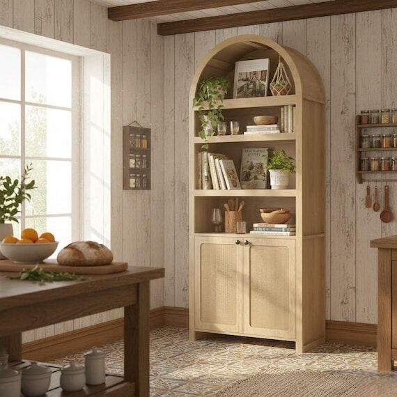 Tall Arched Bookcase Cabinet | Natural Wood S...