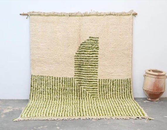 Soft Green Beni Ourain Carpet, White Custom S...