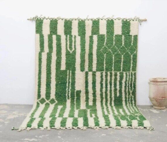 Morrocan Soft Beni Ourain Rug, White & Green ...