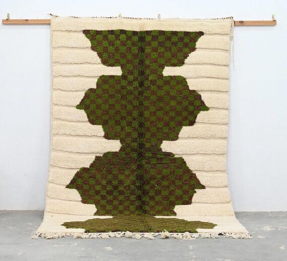 Green Checkered Berber Wool Carpet, Modern Ha...