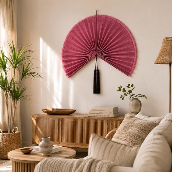 Bamboo Pink Fan, Bamboo Fan Wall Decor, Foldi...