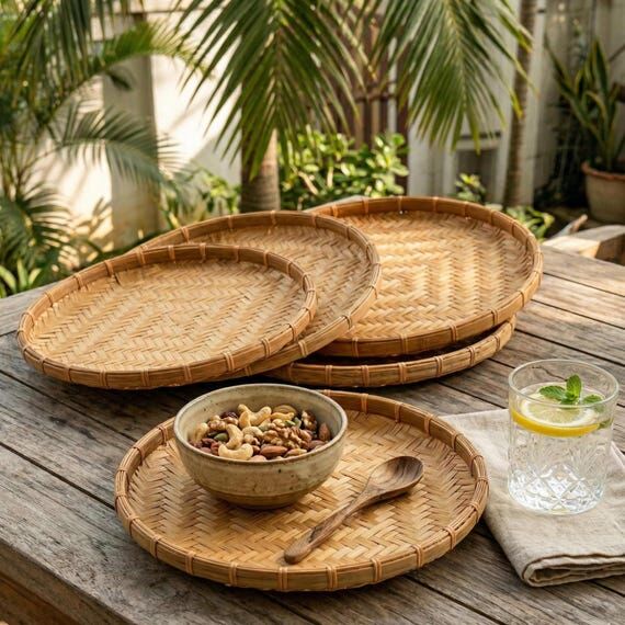 Handwoven Bamboo Basket Set, Boho Farmhouse D...