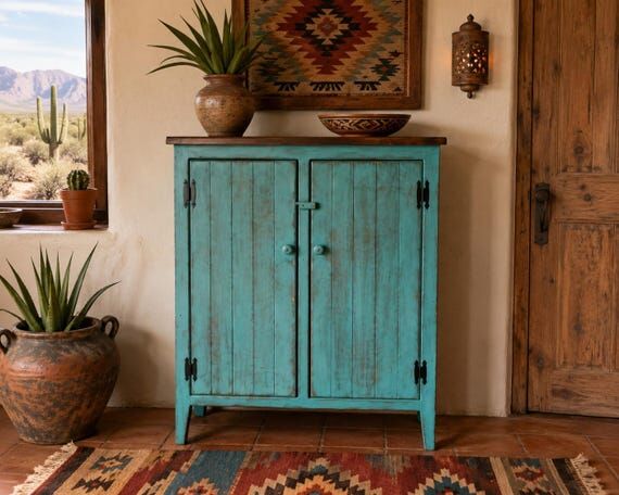 Rustic Southwestern Turquoise Cabinet | Handm...
