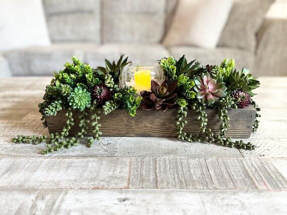 Succulent Centerpiece with LED Candle Faux Gr...