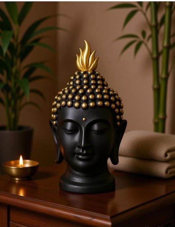 Black Gold Buddha Head Statue, Meditation Dec...