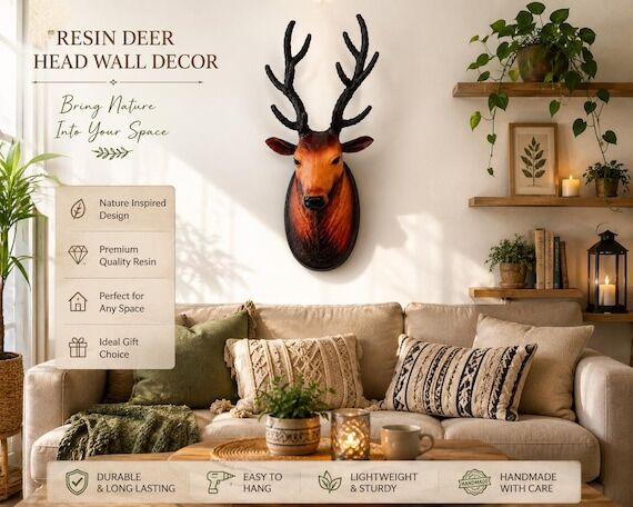 Wooden Deer Head Wall Decor, Rustic Deer Moun...