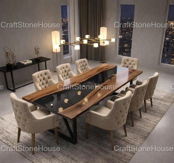 Live Edge Walnut Epoxy River Dining Table Mod...