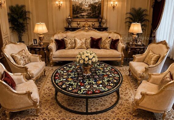 Round Floral Center Table Luxury Handmade Cof...
