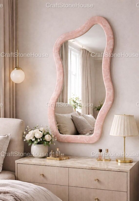 Modern Irregular Wall Mirror with Pink Rose Q...