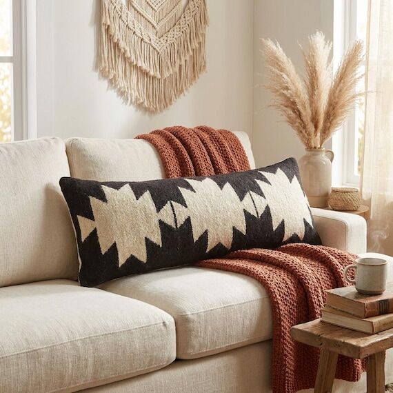 Handwoven Wool Lumbar Pillow Cover, Black Cre...