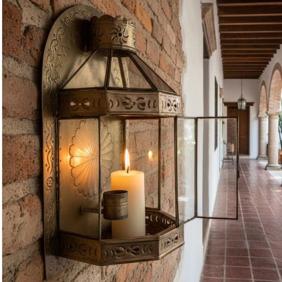 Spanish Colonial Tin Lantern Wall Sconce | Ha...
