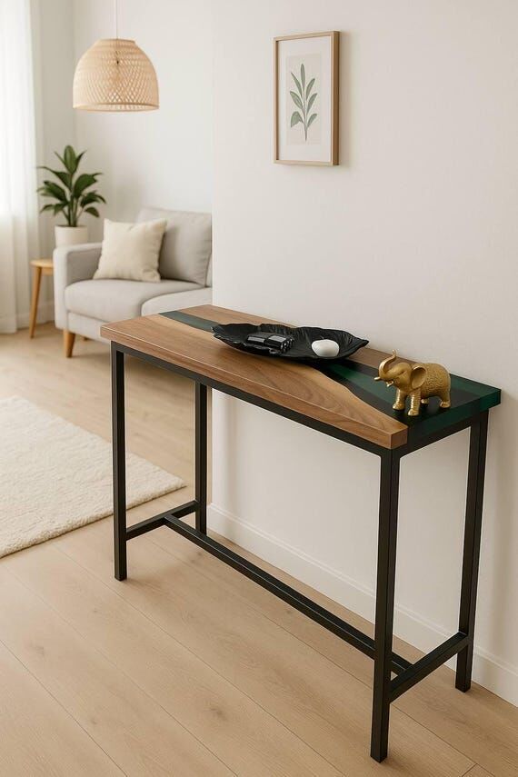 Walnut Console Table with Green Epoxy, Narrow...