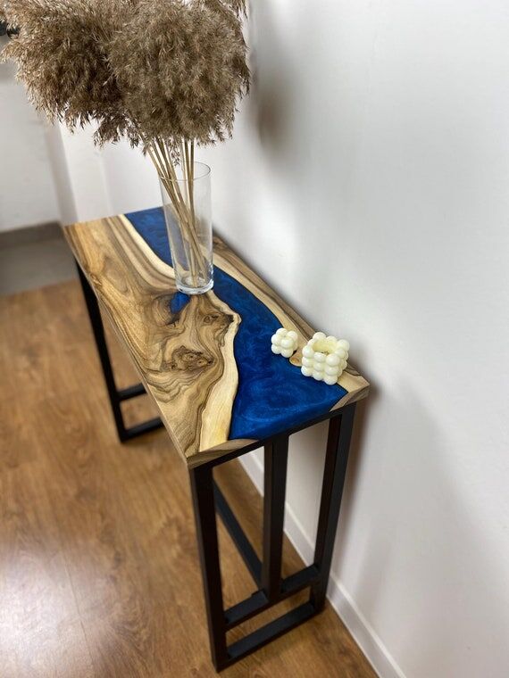 Epoxy Resin Wood Console Table, Live Edge Ent...
