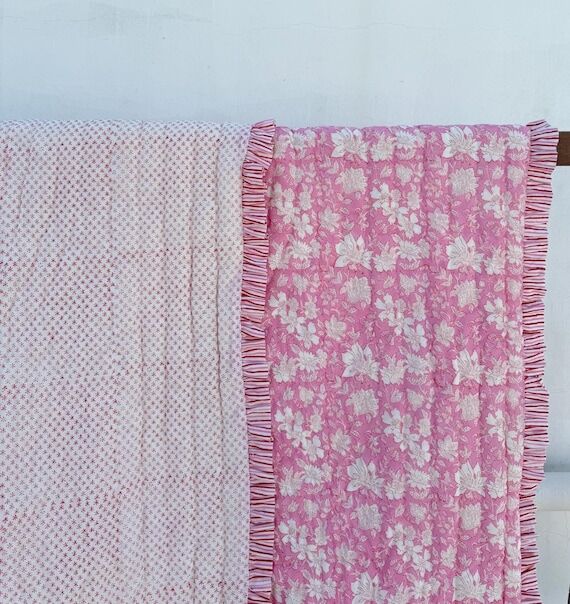 Block Printed Quilt, 100% Cotton Throw,Handma...