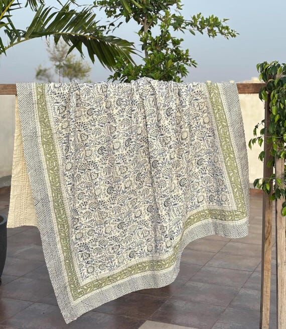 Kantha Stitch Block Printed Quilt, Handmade F...