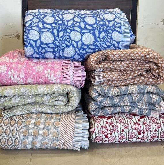 Hand Block Printed Cotton Quilt,Indian Floral...