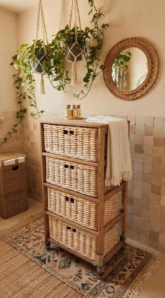 Teak Wicker Drawer Cabinet | Handmade Boho Ba...