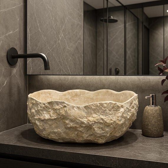Beige Marble Bathroom Vanity Vessel Sink, Rou...
