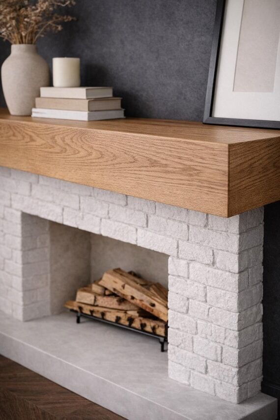Modern wood fireplace mantel, floating oak ma...