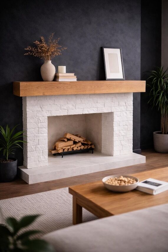 Minimalist wood mantel, Scandinavian style fi...
