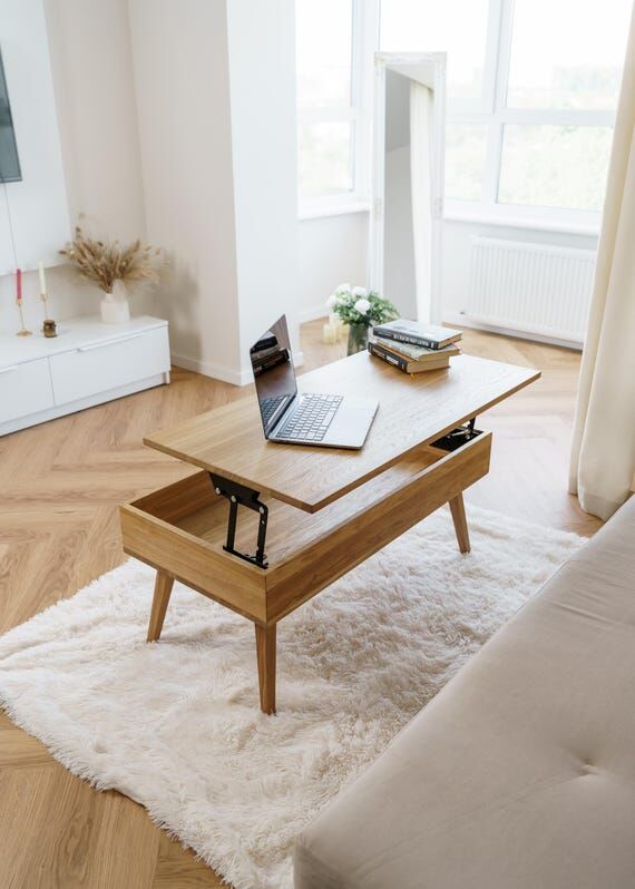 Wooden lift top coffee table, oak storage tab...