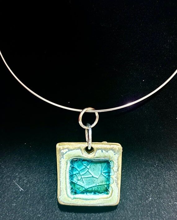 Ceramic green Square necklace pendant choker,...
