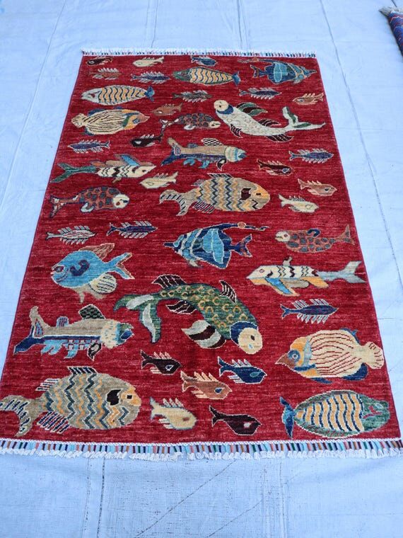 Red koi fish rug 4x6, Afghan handmade anime p...