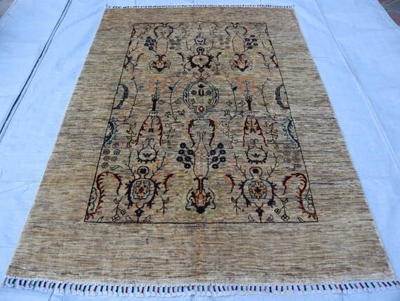 5x7 Muted Beige Khotan Area Rug, Natural Vint...