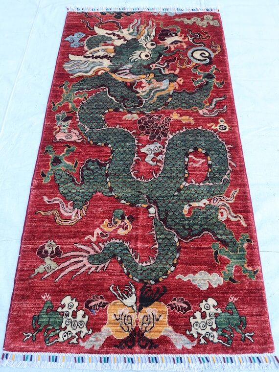 3x6 Red Pictorial rug, Handmade Afghan Dragon...