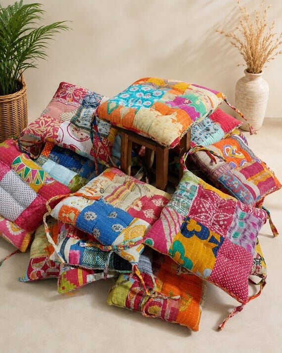Vintage Kantha Chair Pad Cushion, Patchwork F...