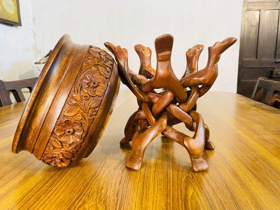 Hand Carved Wooden Vase with Camel Folding St...