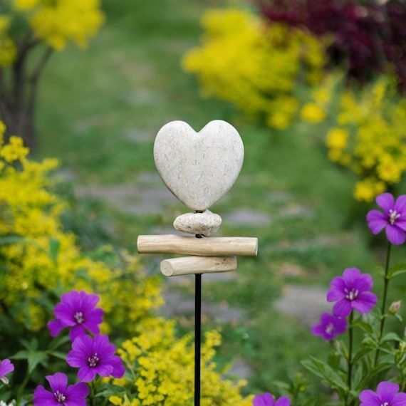 Jasper Heart Garden Stake with Driftwood - Me...