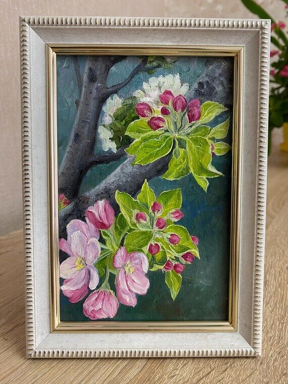 Apple Blossom Oil Painting on Wood – Small ...