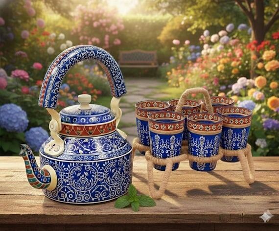Hand-Painted Indian Tea Kettle Set with Glass...