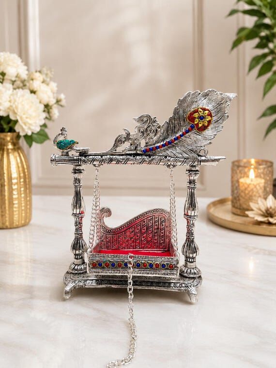 Silver Krishna Jhula, Peacock Feather Laddu G...