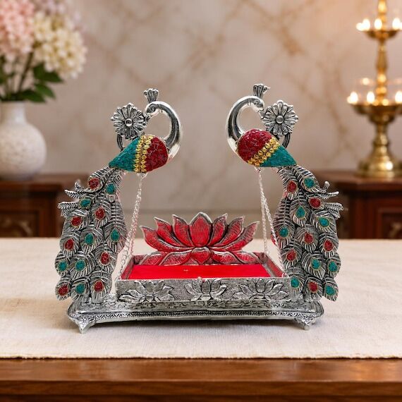 Silver Peacock Singhasan for Laddu Gopal | Kr...