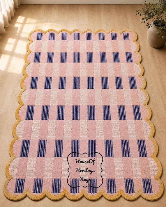 Pink Checkered Rug | Handmade Tufted Wool Are...