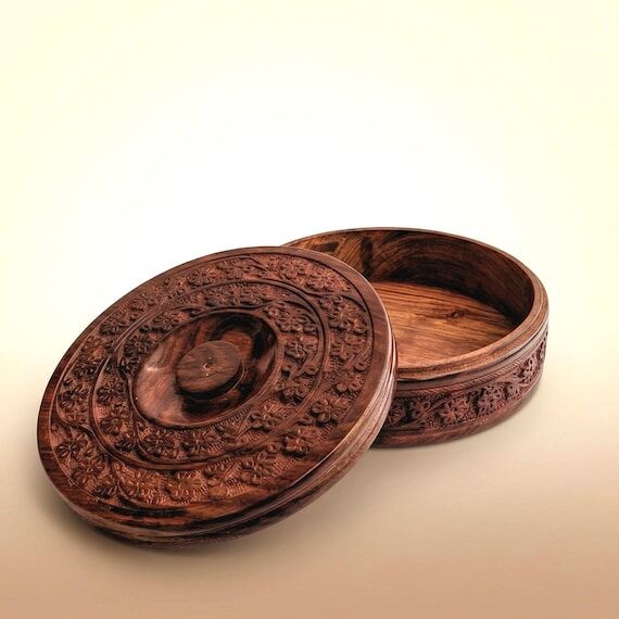 Carved Wooden Chapati Storage Box - Indian Ki...