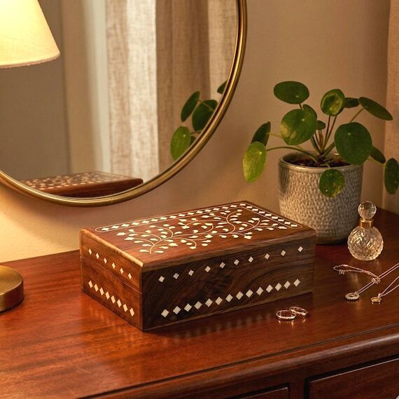 Handcrafted Wooden Jewelry Box with Bone Inla...